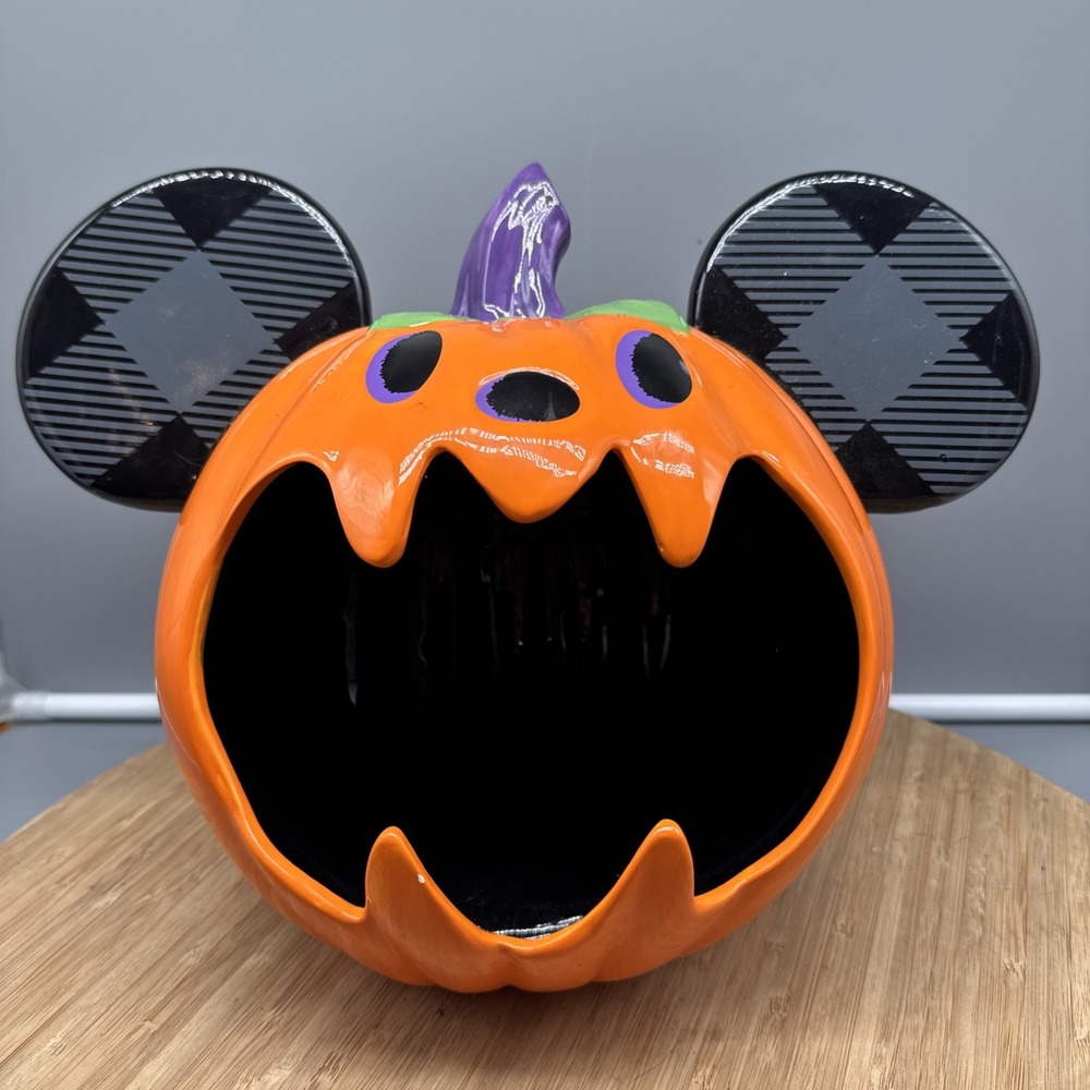 Disney MICKEY MOUSE PUMPKIN Jack-o'-Lantern Halloween Candy Bowl / Jar New